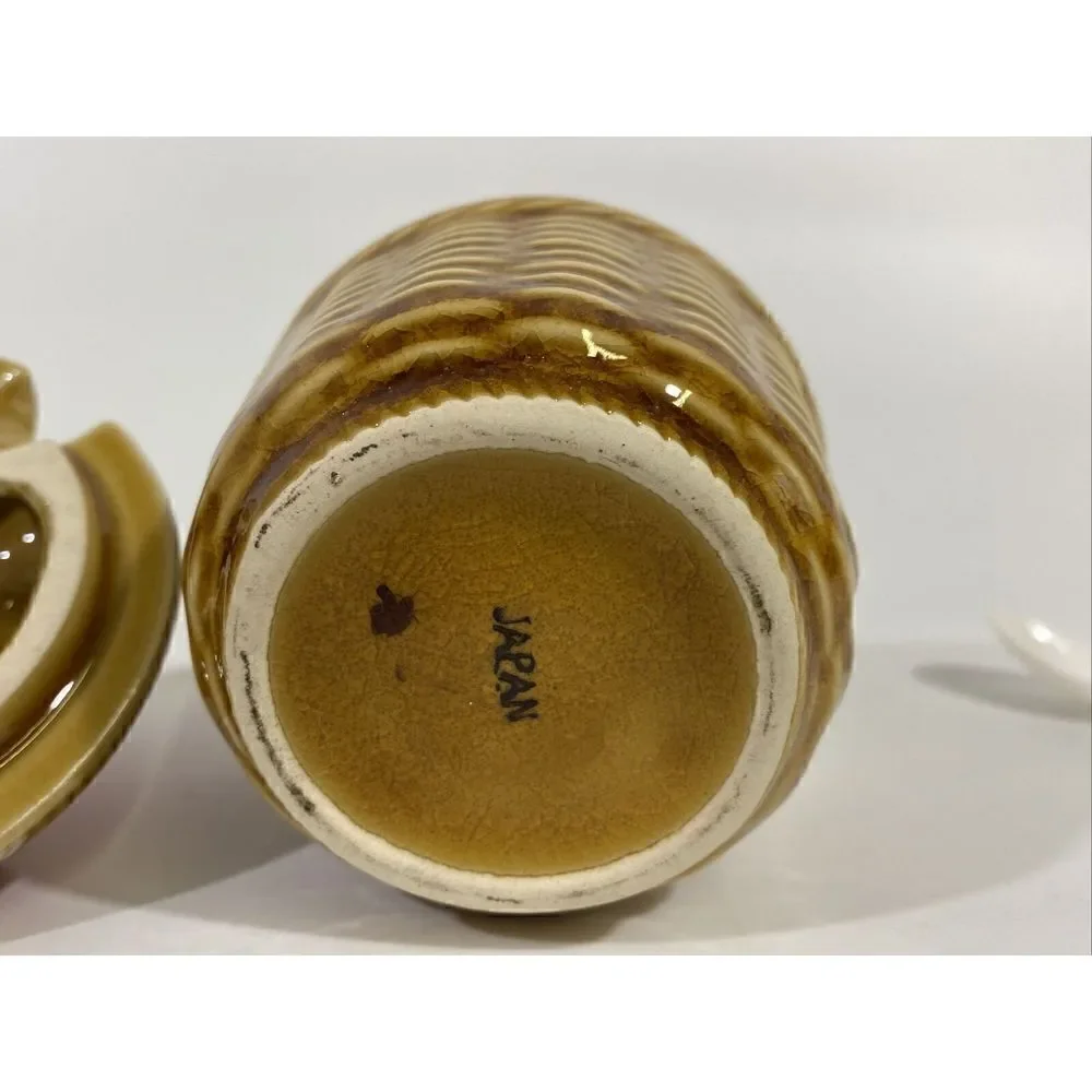 Vintage Ceramic Strawberry Sugar Bowl Jelly Jam Jar w/Lid & Spoon Japan 4.25”‎